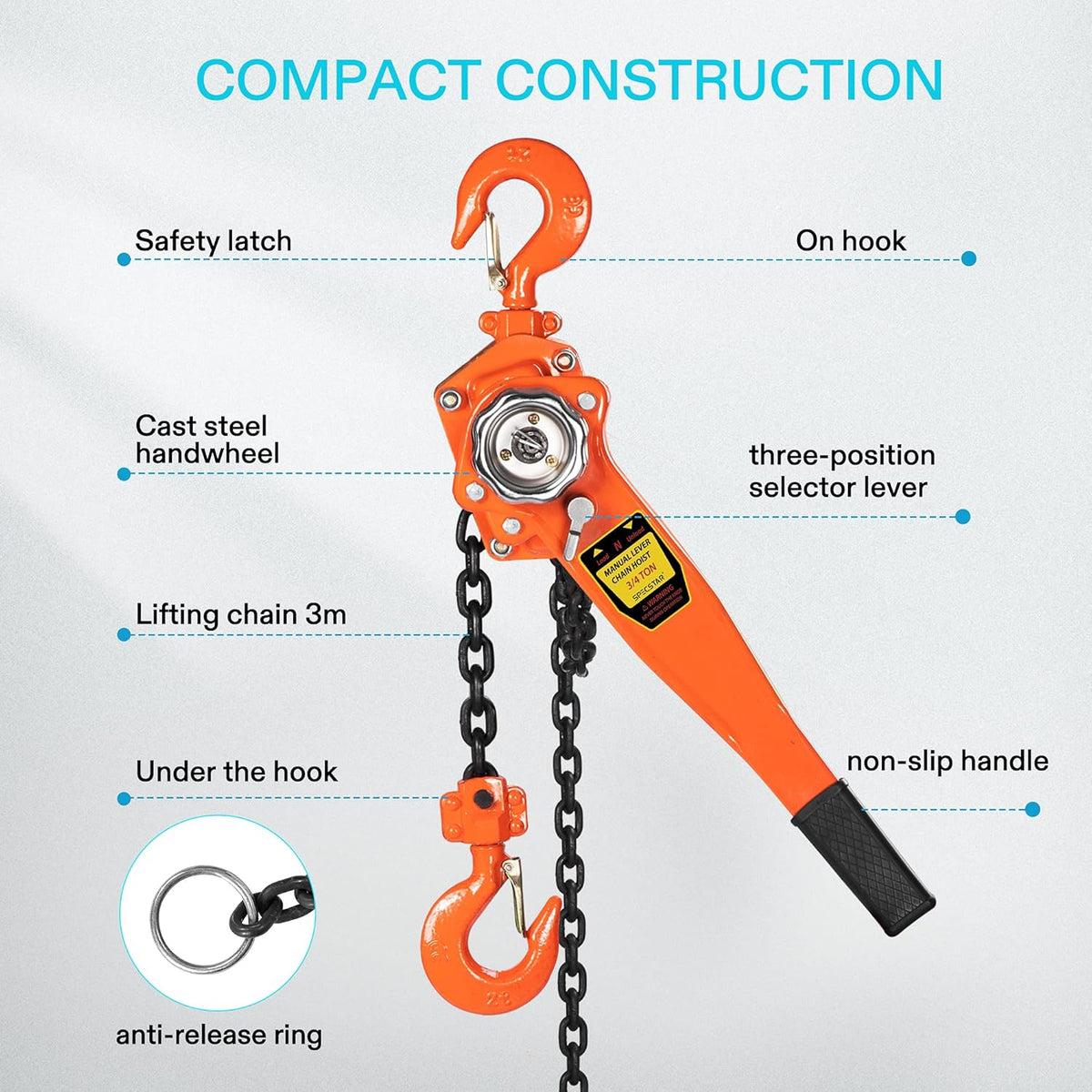 3/4 Ton Capacity 5 Feet Lever Chain Hoist with 2 Hooks I911196