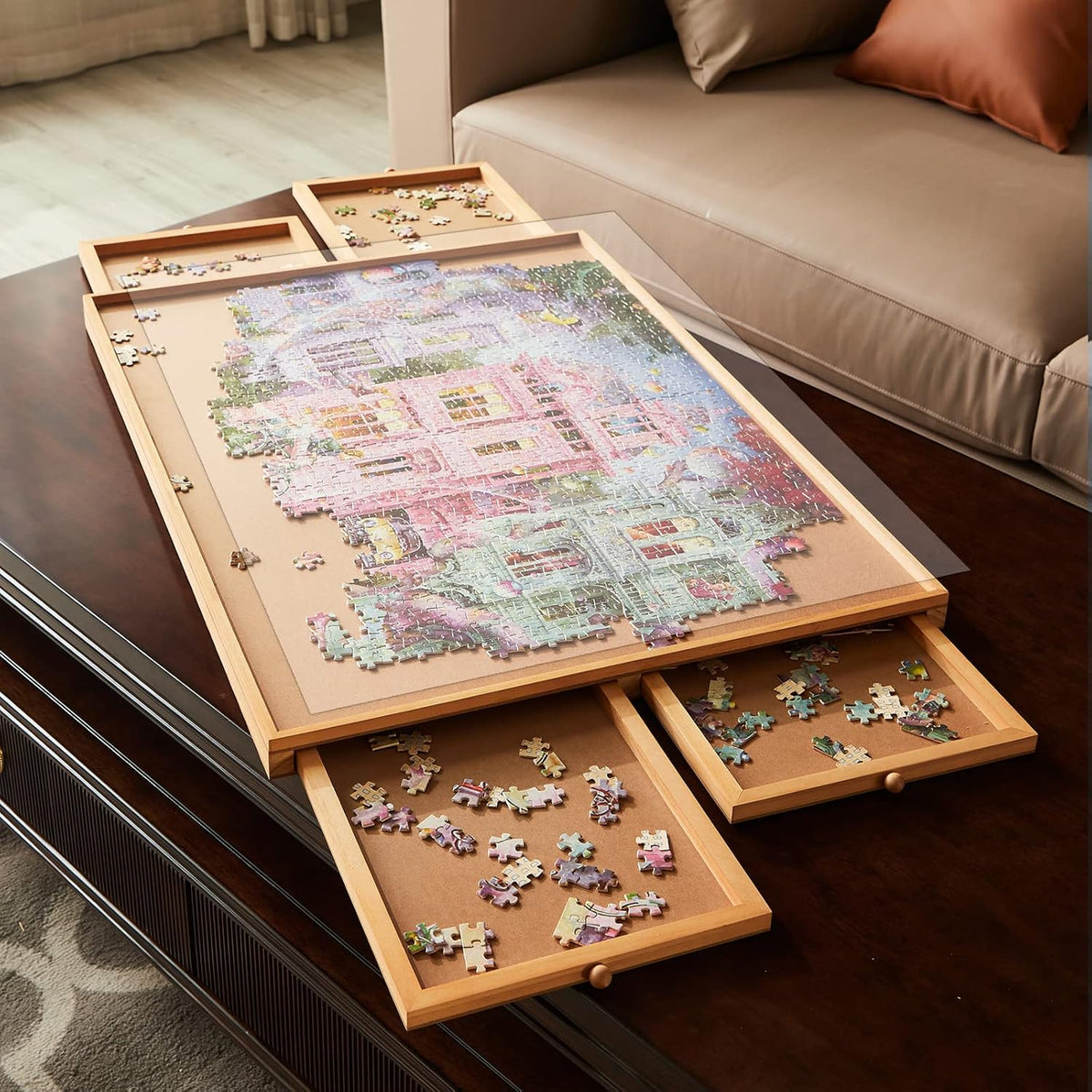 Wooden Puzzle Table with Drawer, Smooth Fiberboard, Holds 1000 Pieces P256456