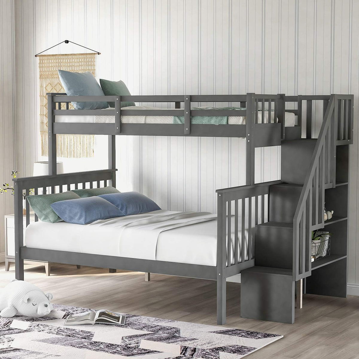 Twin Over Twin/Full Bunk Bed with Trundle and Drawers Grey O243036