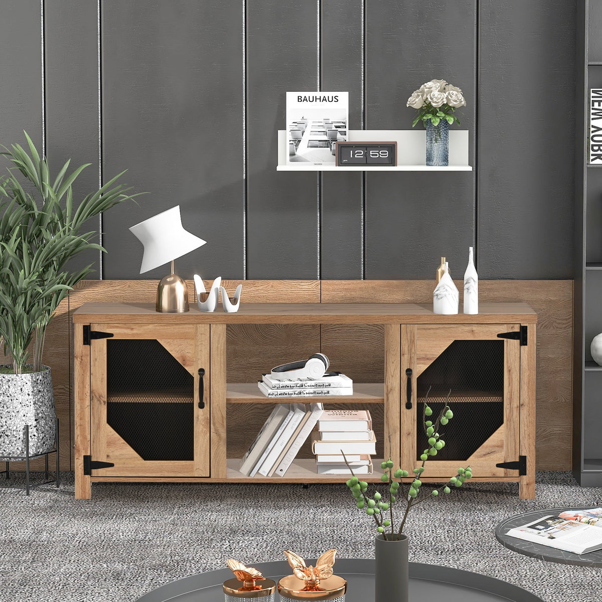 Natural Wood TV Stand with 2 Door Cabinet O44883