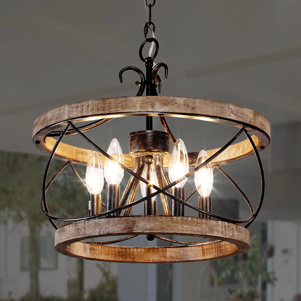 5-Light Rustic Pendant Light Adjustable Height Distressed Wood Caged Chandelier B508531