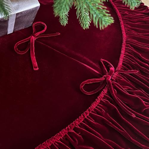 60-Inch Ruffled Velvet Christmas Tree Skirt with Lace-Up Tie Closure, Burgundy D499