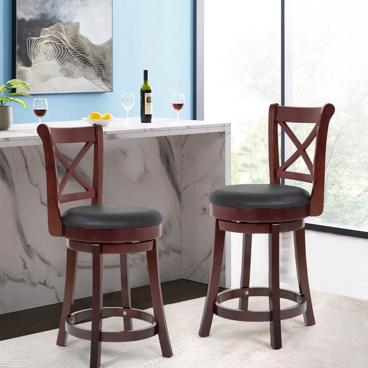 Brown Wooden Low Back Bar Stools with 360 Degree Swivel and PU Leather Upholstery B271488