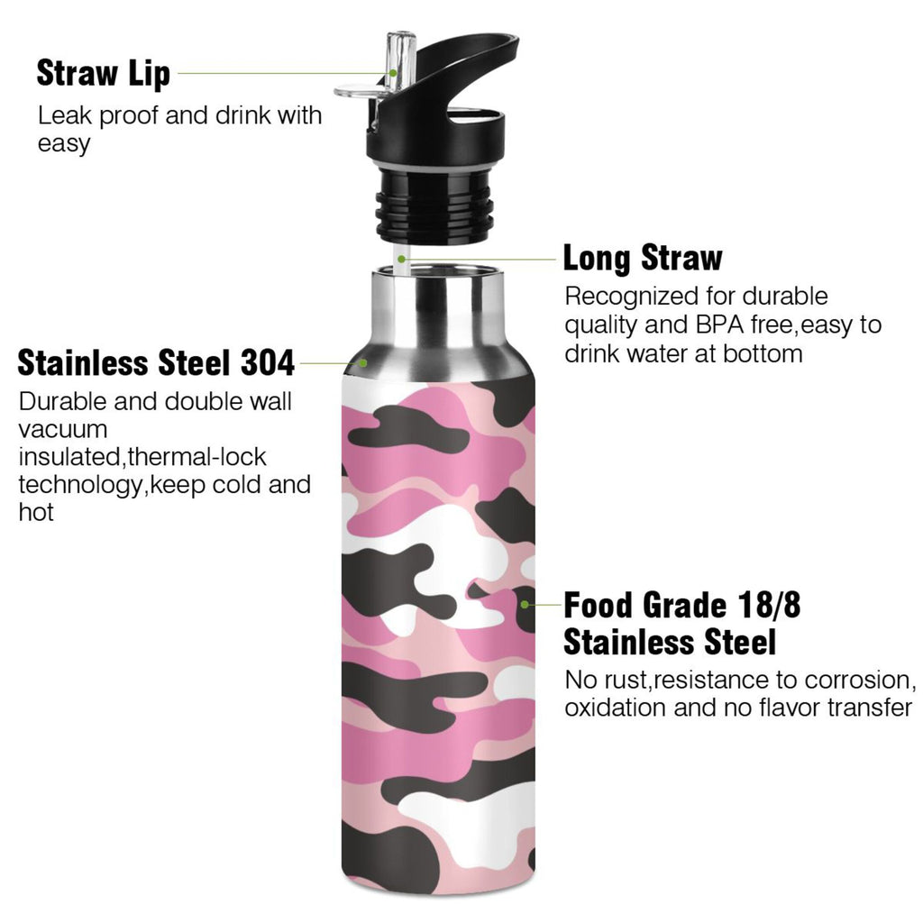 Camouflage Pink Insulated Stainless Steel Water Bottle with Straw Lid, 20 oz W4178