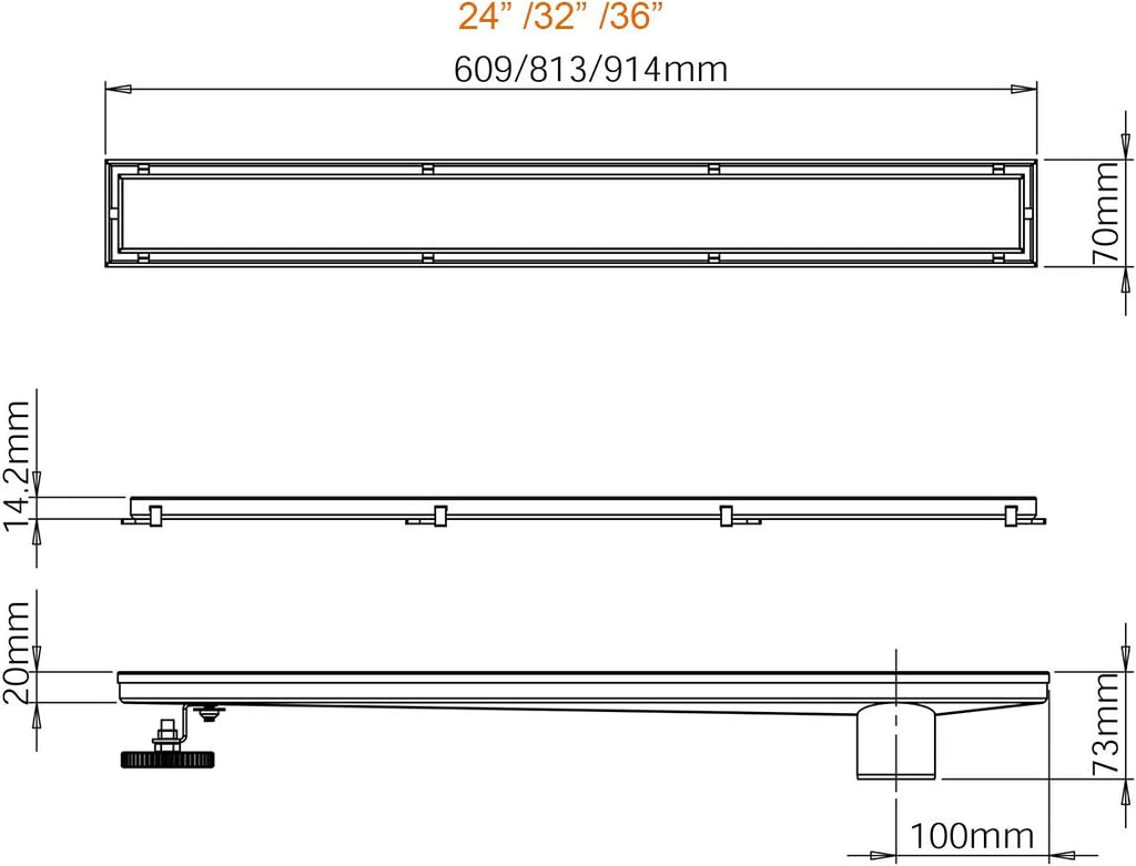 36-Inch Offset Linear Shower Drain with Tile Insert Grate Cover, Brushed 304 Stainless Steel Rectangle Side Outlet Shower Floor Drain N856
