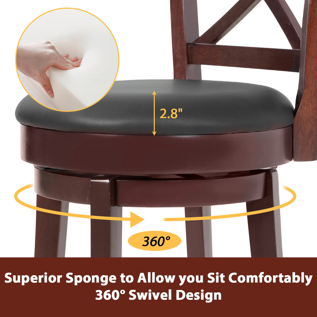 Brown Wooden Low Back Bar Stools with 360 Degree Swivel and PU Leather Upholstery B271488