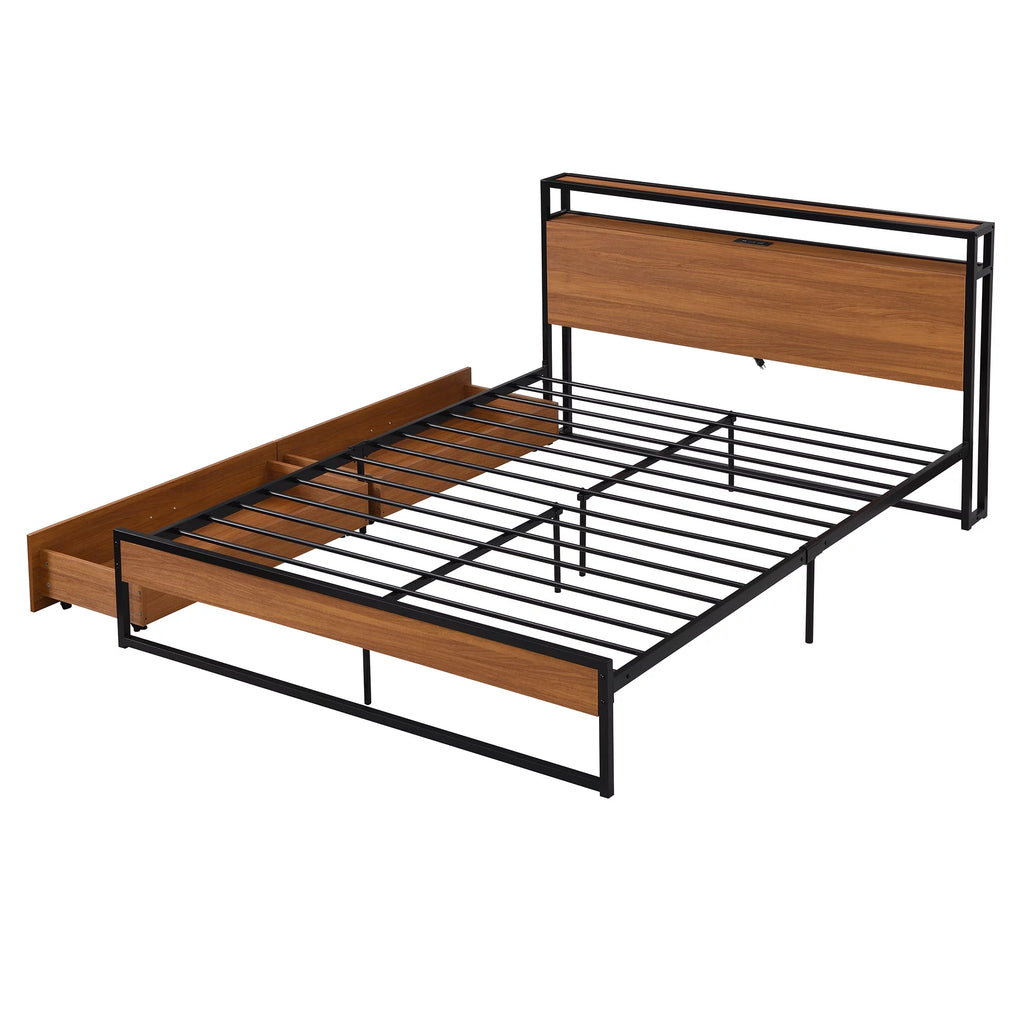 Black Queen Size Metal Platform Bed Frame with Wood Headboard and 2 Drawers Y309