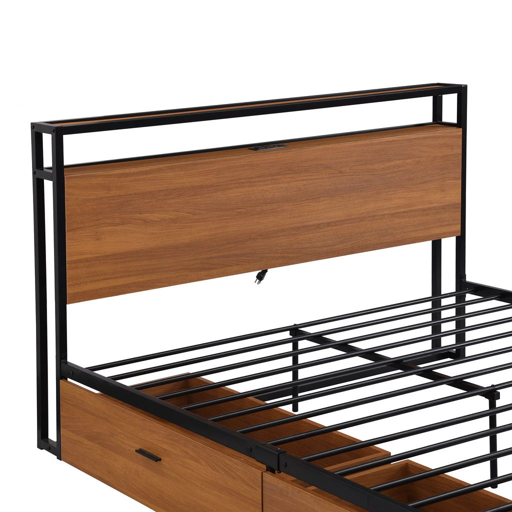 Black Queen Size Metal Platform Bed Frame with Wood Headboard and 2 Drawers Y309
