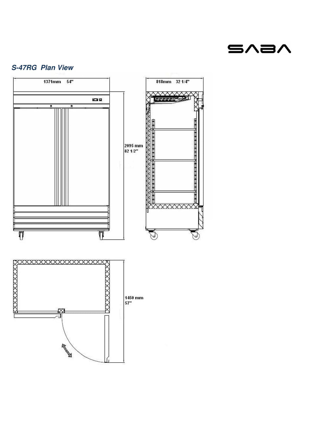 47 cu ft Stainless Steel Glass Door Reach-In Refrigerator O9144