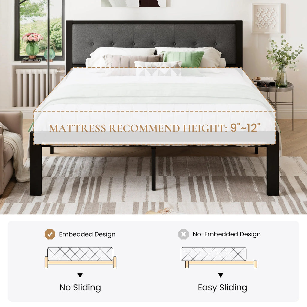 Black King Size Metal Platform Bed Frame with Fabric Headboard X946090