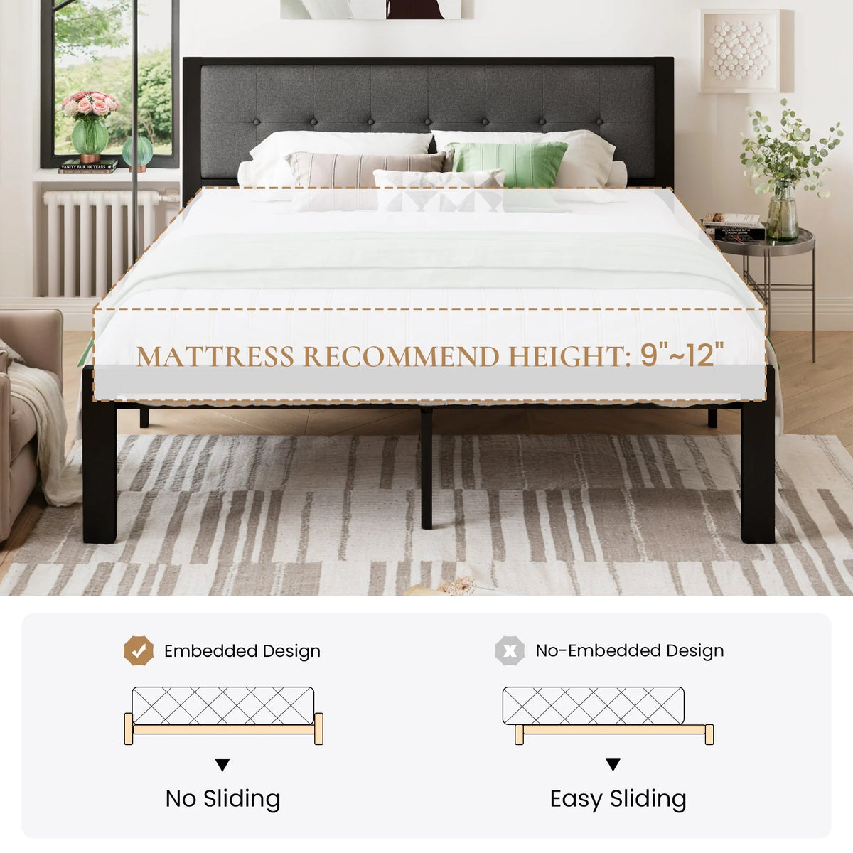 Black King Size Metal Platform Bed Frame with Fabric Headboard X946090