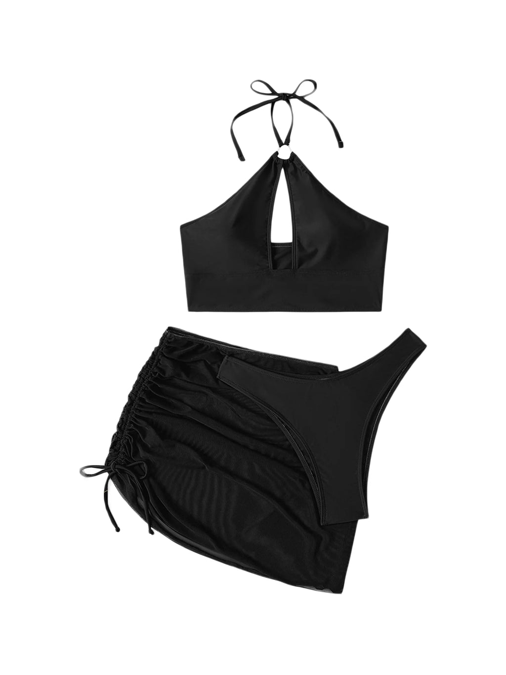 3 Pcs Bikini Set Halter Backless Tie-up Swim Bra Thong with Sarong Skirt Tie-dye Black R26541