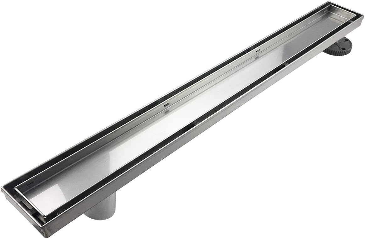 36-Inch Offset Linear Shower Drain with Tile Insert Grate Cover, Brushed 304 Stainless Steel Rectangle Side Outlet Shower Floor Drain N856