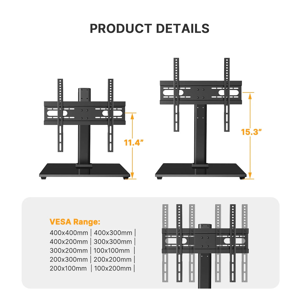 Universal TV Stand for 32-55 Inch TVs Height Adjustable Tempered Glass Base V389896