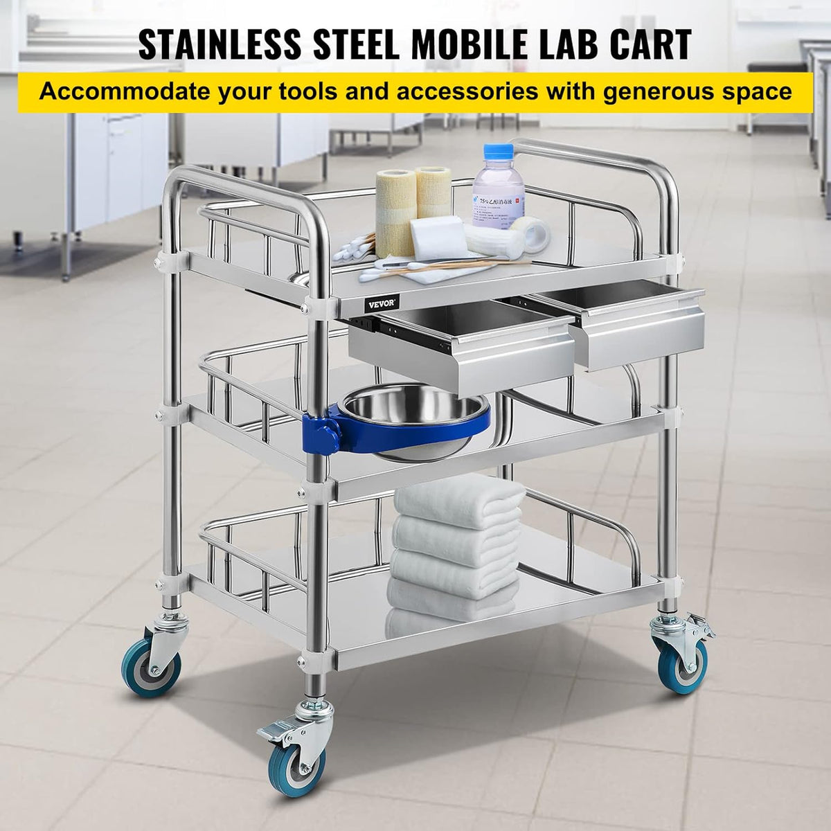 3 Layer Stainless Steel Lab Cart with Drawers J236