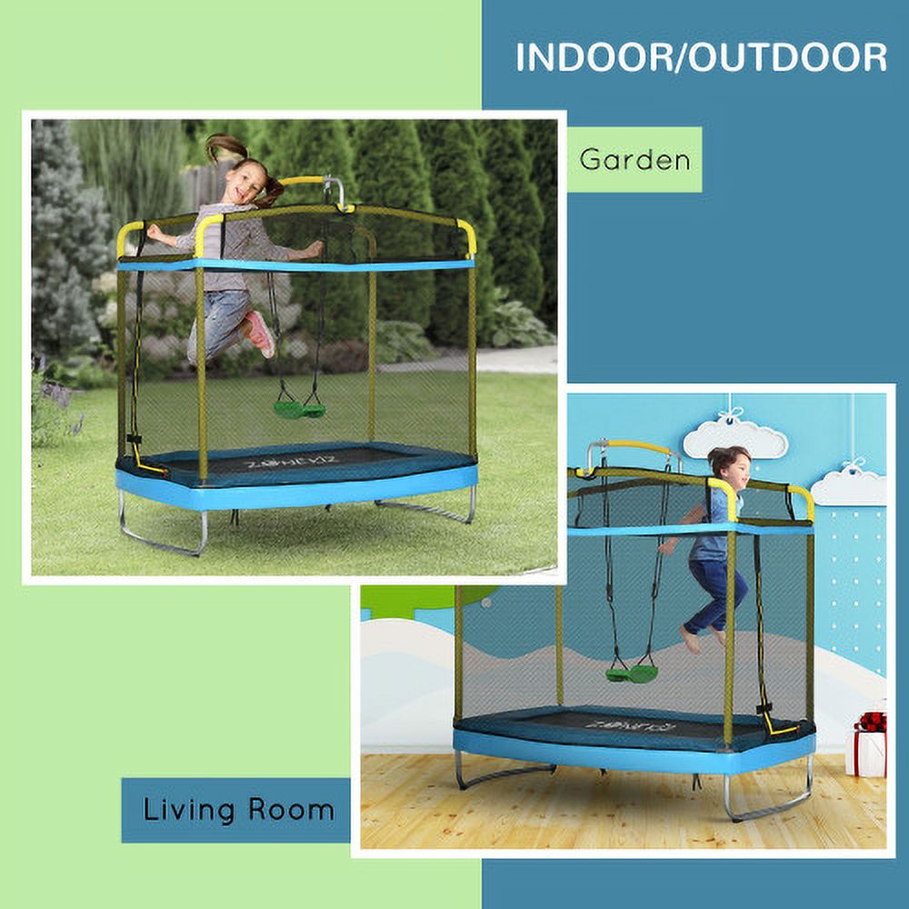 3-in-1 Kids Trampoline with Enclosure, Swing, Gymnastics Bar, Light Blue S9398