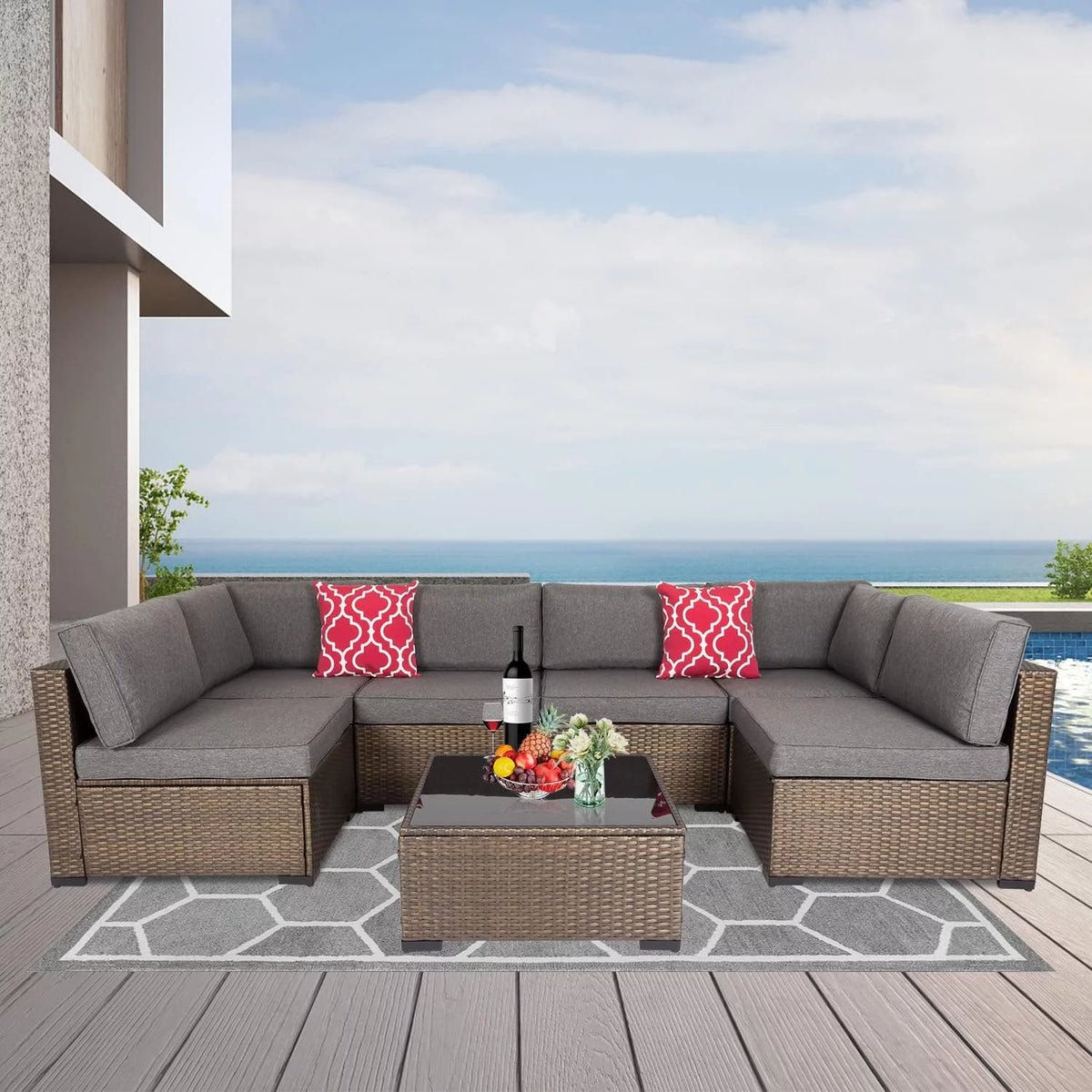 7 Pcs Wicker Patio Furniture Set with Gray Cushions D591957