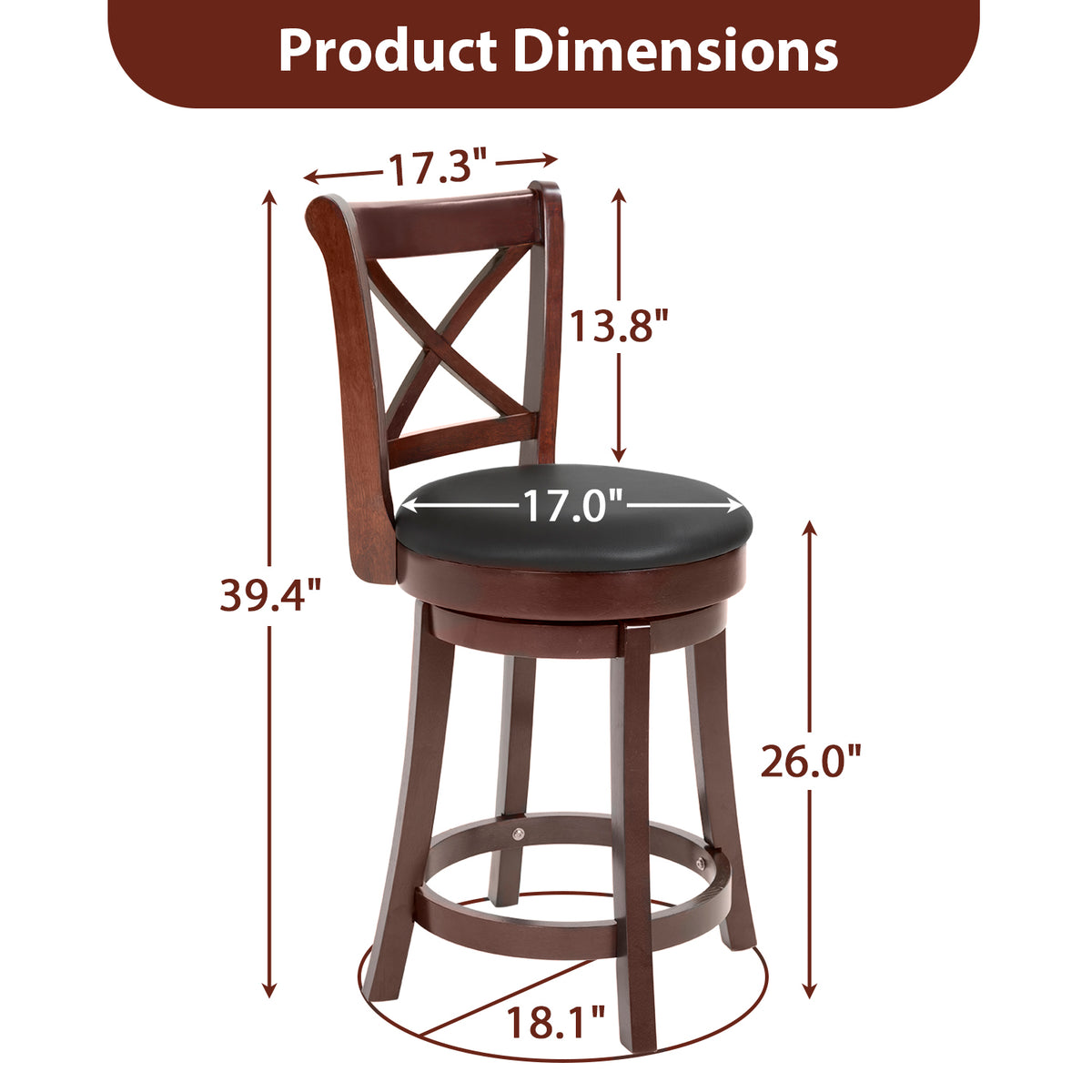 Brown Wooden Low Back Bar Stools with 360 Degree Swivel and PU Leather Upholstery B271488