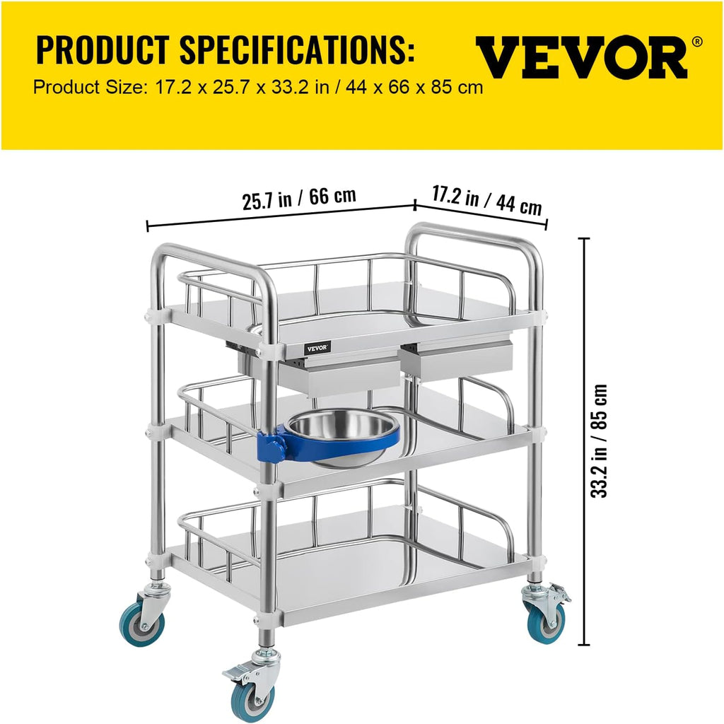 3 Layer Stainless Steel Lab Cart with Drawers J236