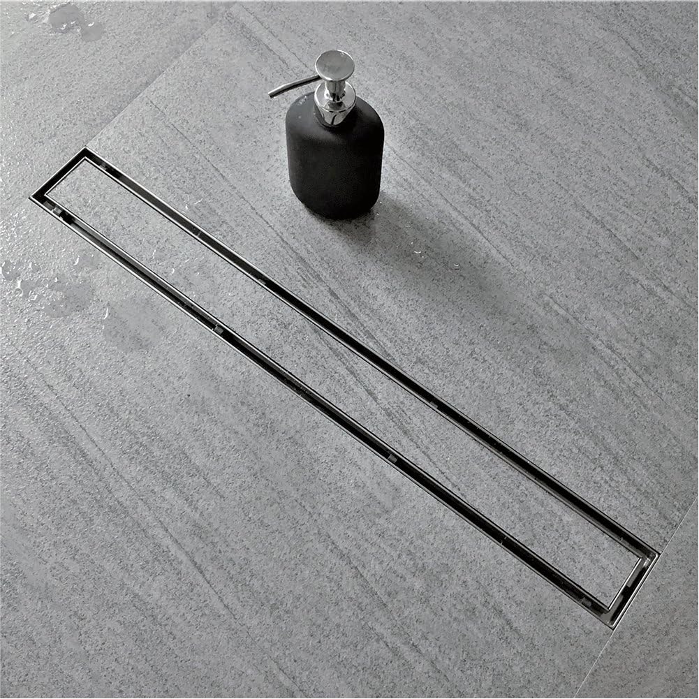 36-Inch Offset Linear Shower Drain with Tile Insert Grate Cover, Brushed 304 Stainless Steel Rectangle Side Outlet Shower Floor Drain N856