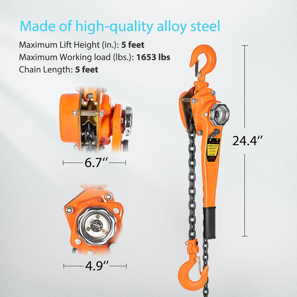 3/4 Ton Capacity 5 Feet Lever Chain Hoist with 2 Hooks I911196