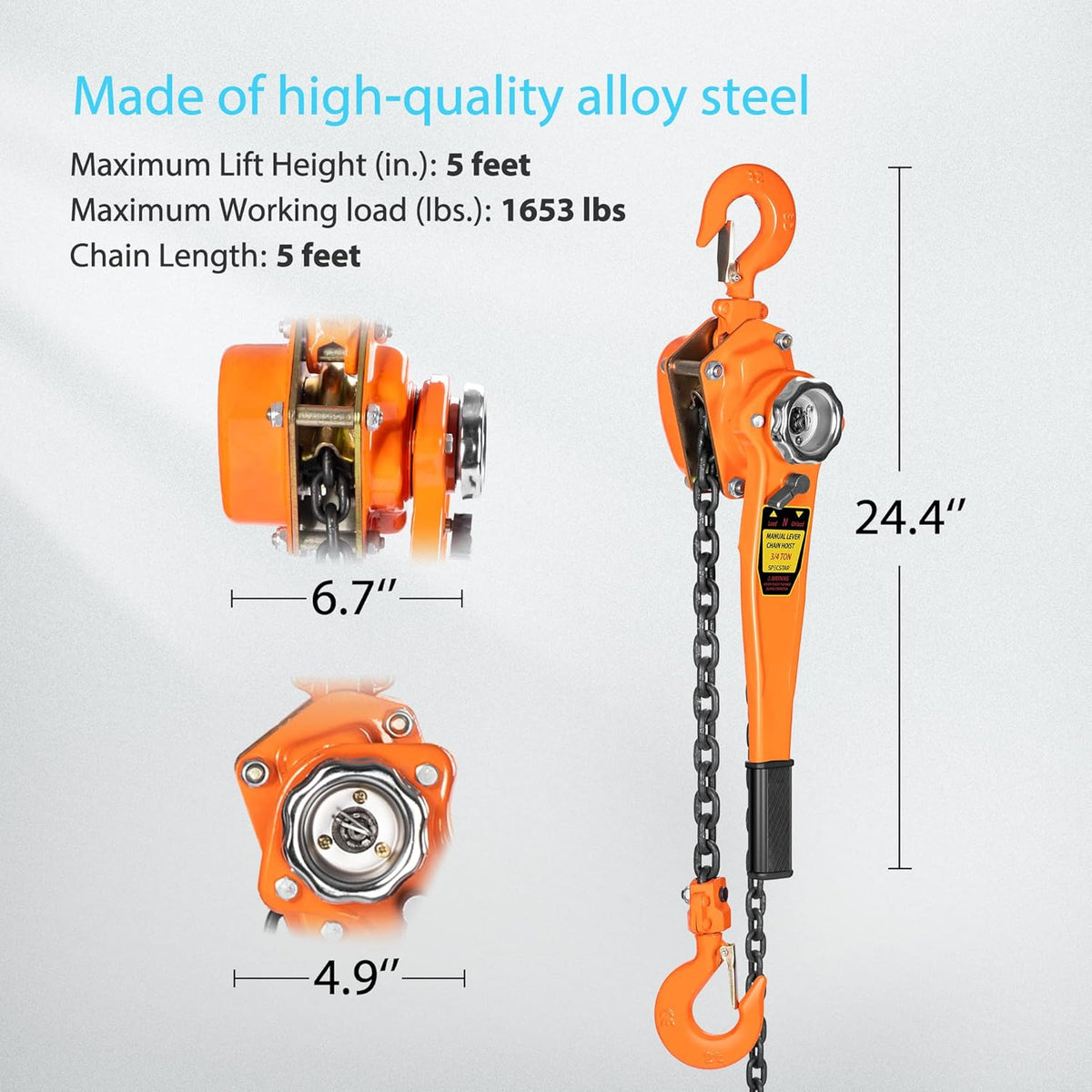 3/4 Ton Capacity 5 Feet Lever Chain Hoist with 2 Hooks I911196