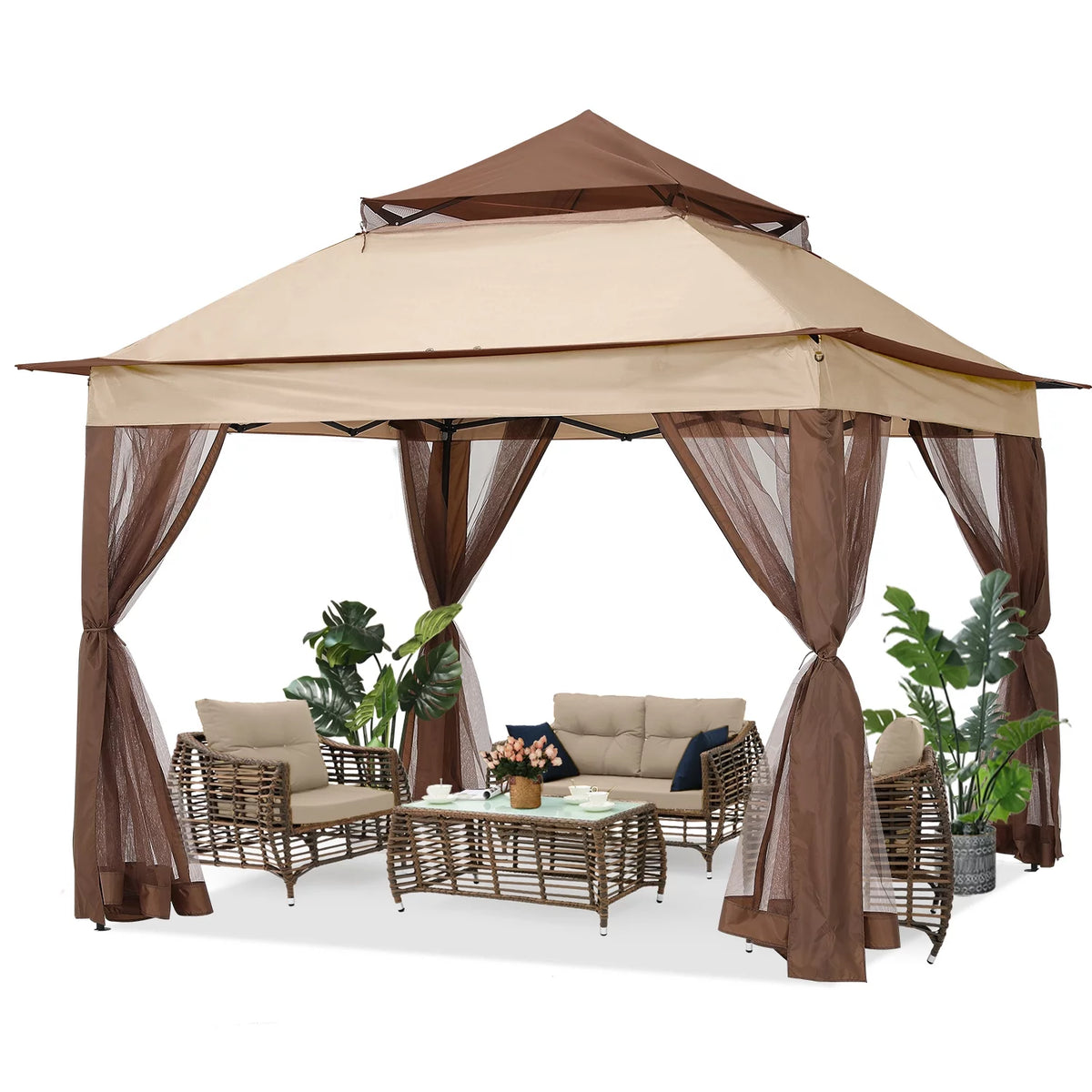 13'x13' Brown Pop up Gazebo Canopy Shelter with Mosquito Netting F520878