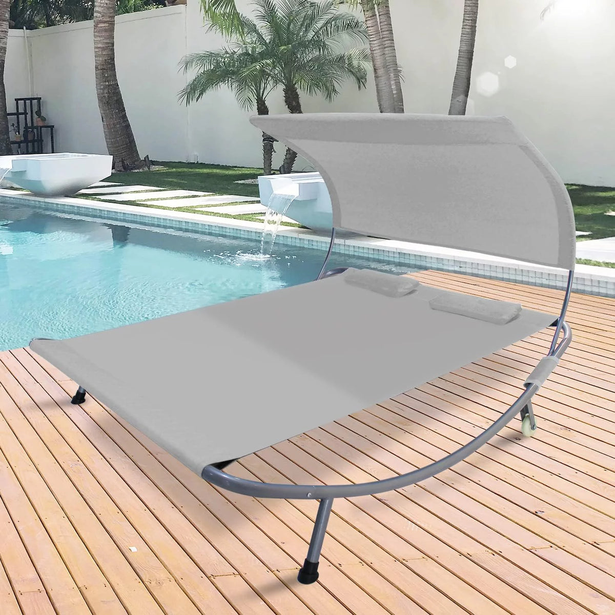 Double Chaise Lounge Bed with Canopy, Headrest Pillow and Wheels E806