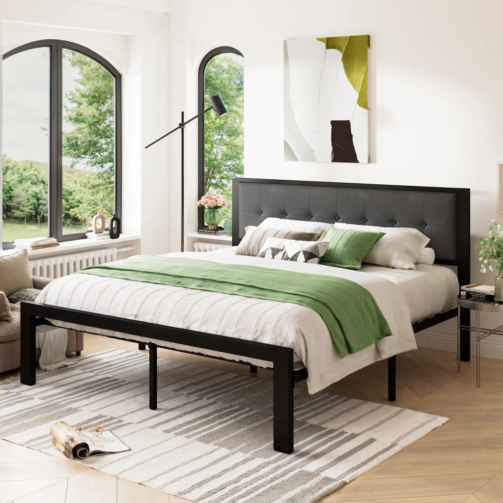 Black King Size Metal Platform Bed Frame with Fabric Headboard X946090