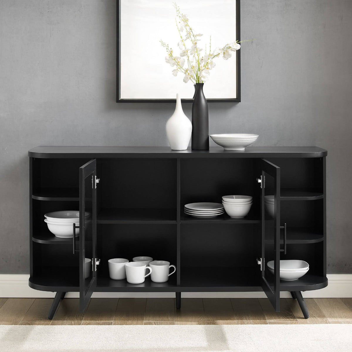 Dark Walnut Curved Edge Glass Door Sideboard J485