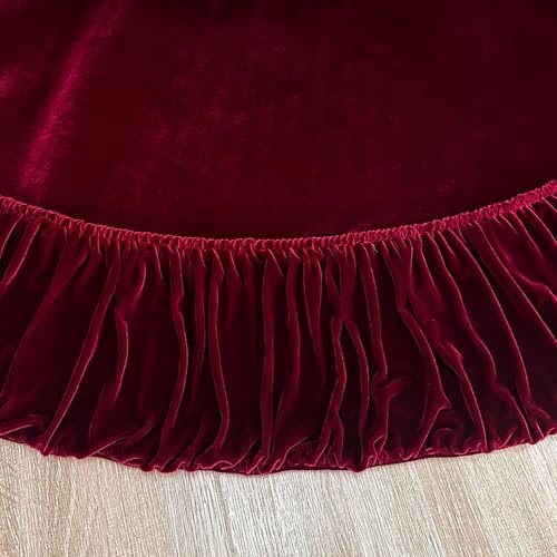60-Inch Ruffled Velvet Christmas Tree Skirt with Lace-Up Tie Closure, Burgundy D499