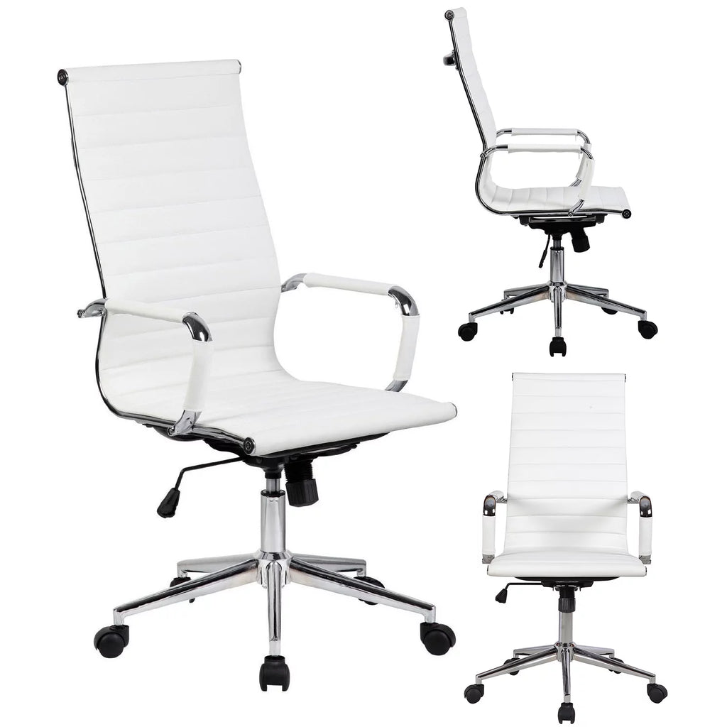White Mid Century Modern High Back Ribbed PU Leather Ergonomic Office Chair C212781
