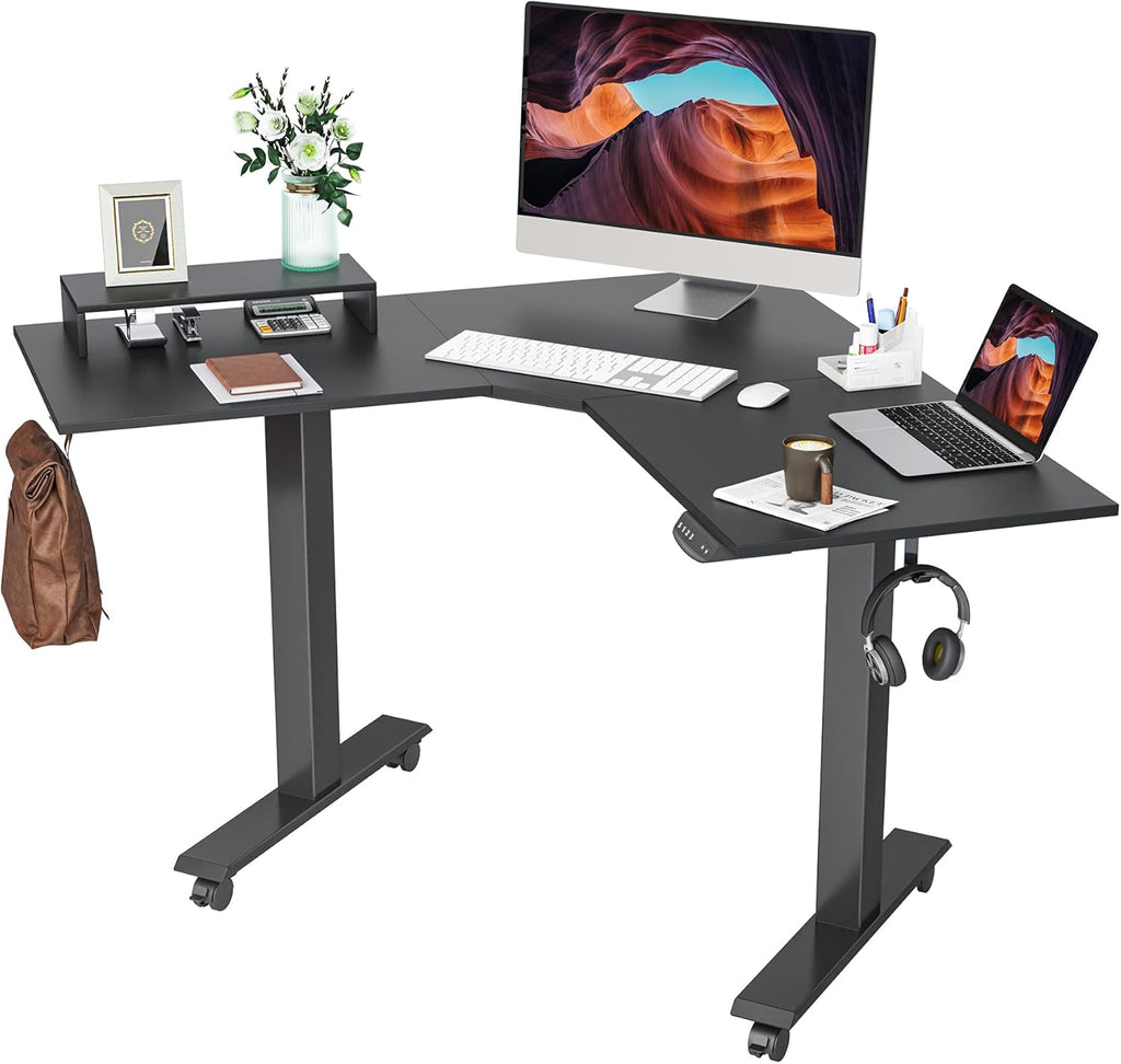 L Shaped Electric Standing Desk with Bamboo Top and Black Frame Y87675