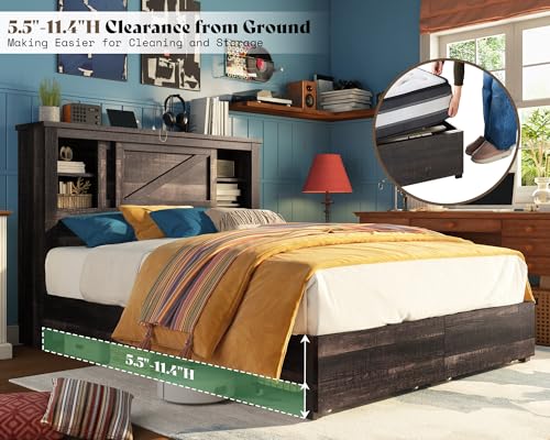 Grey King Bed Frame with Storage Drawers and Bookcase Headboard T719103
