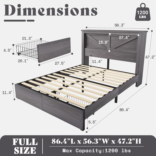 Grey King Bed Frame with Storage Drawers and Bookcase Headboard T719103