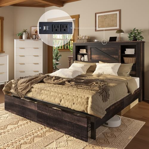 Grey King Bed Frame with Storage Drawers and Bookcase Headboard T719103