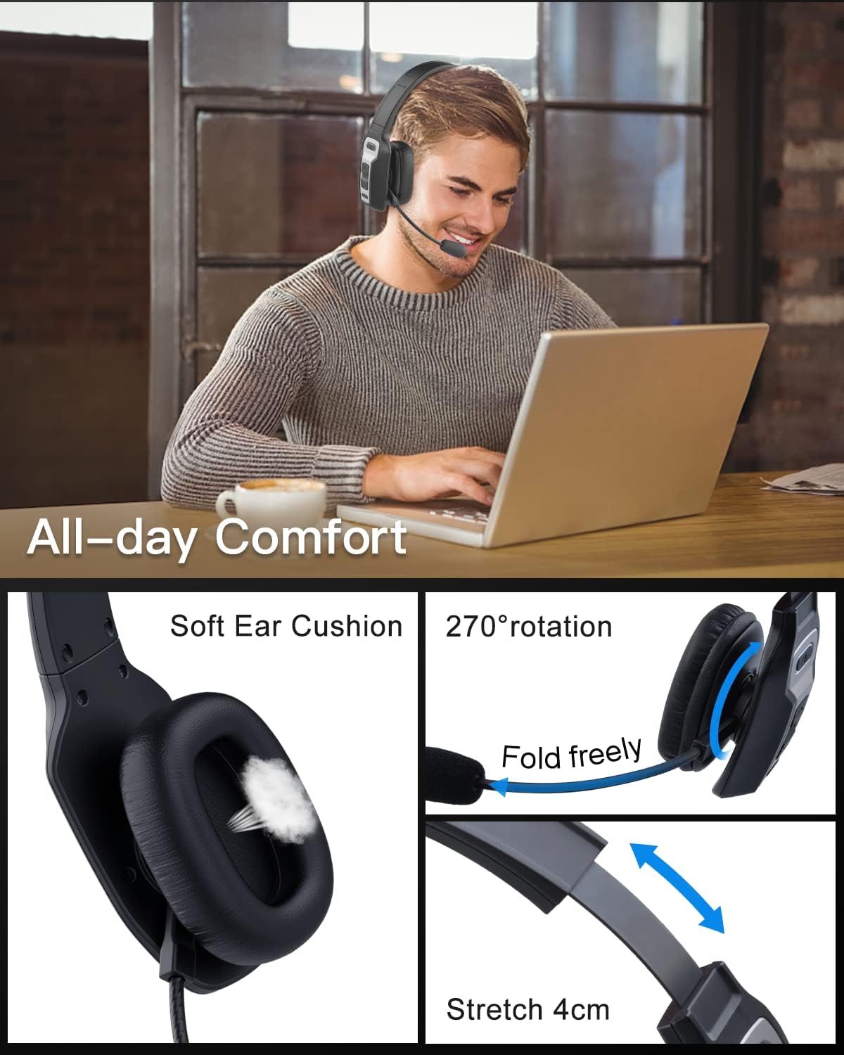 Bluetooth Headset with USB Dongle, Single-Ear Wireless Headset with Noise Cancelling Microphone N96325