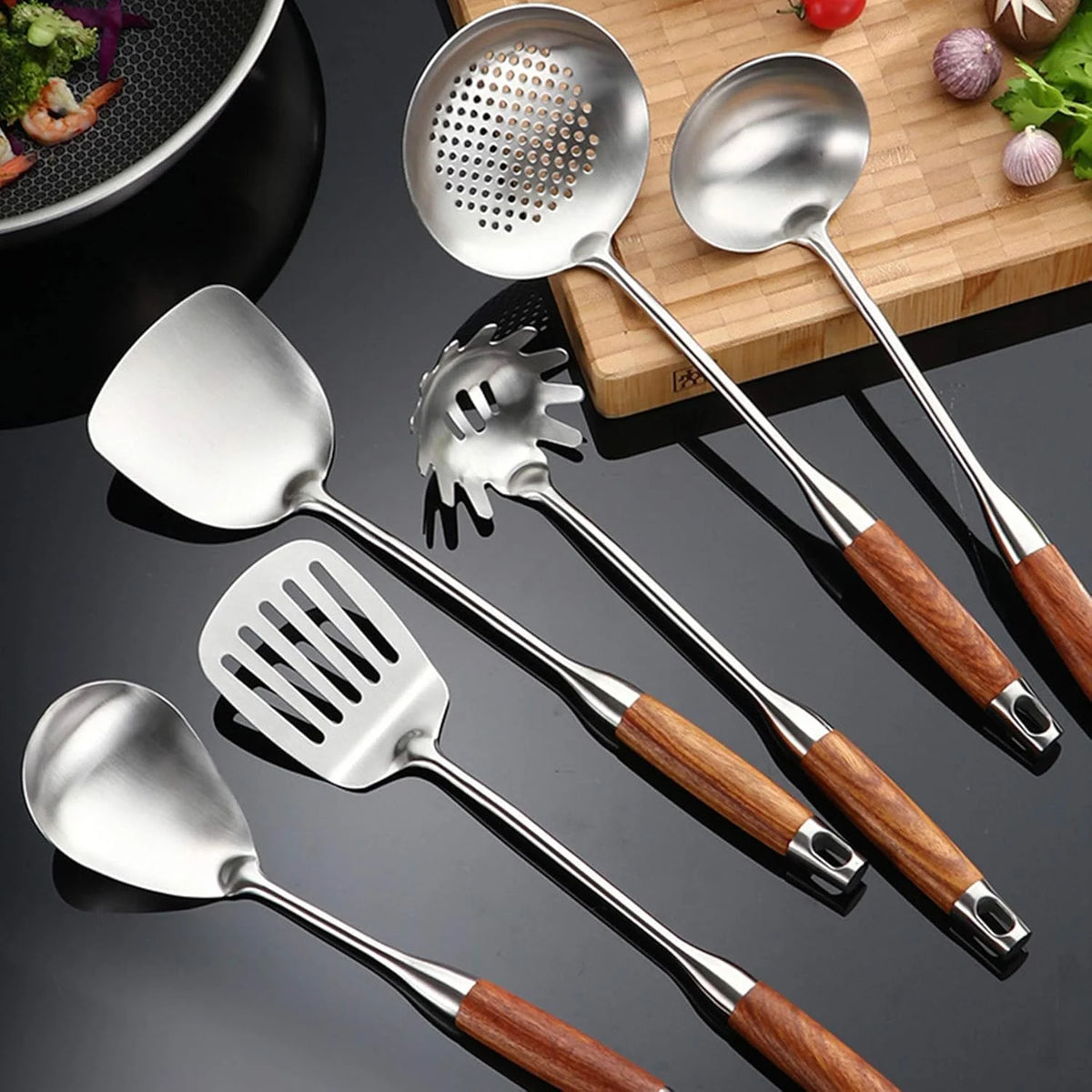 7pcs 304 Stainless Steel Kitchen Utensils Set with Wooden Handle Q835542