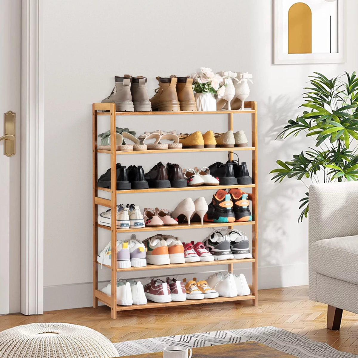 6 Tiers Bamboo Shoe Storage Rack, 18-24 Pairs, Wood Color Z219