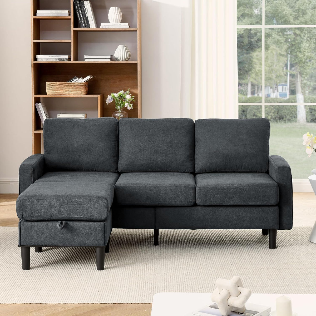 Dark Gray Fabric L Shaped Sectional Sofa with Storage Ottoman E99030