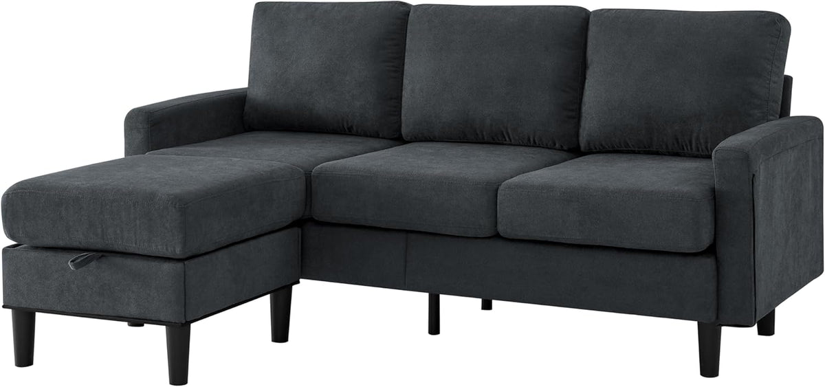 Dark Gray Fabric L Shaped Sectional Sofa with Storage Ottoman E99030