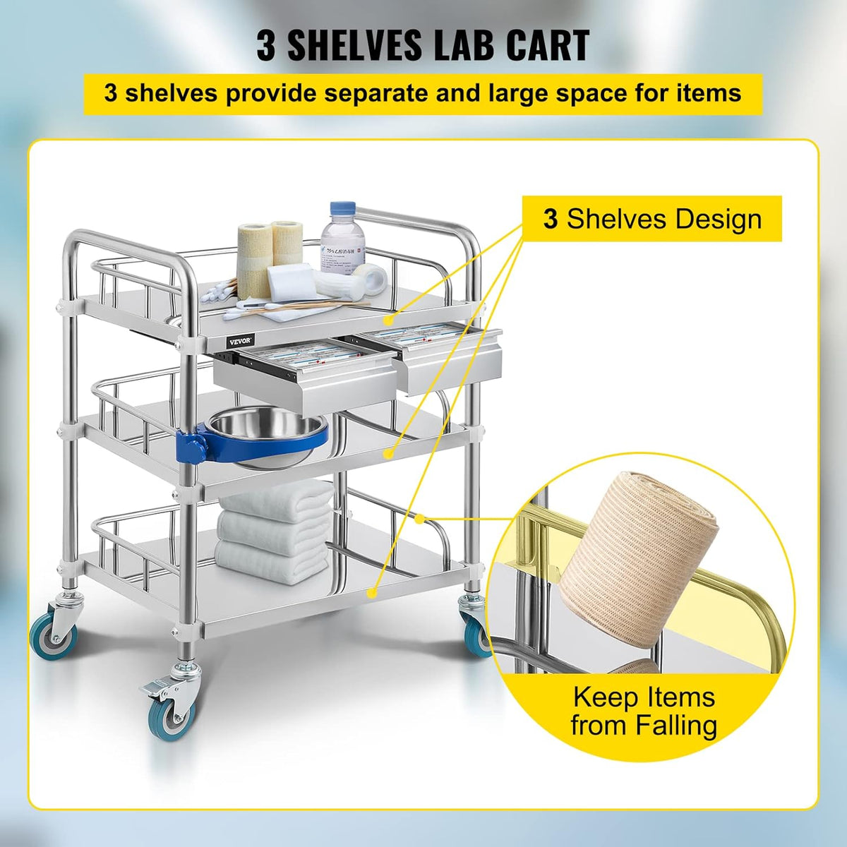 3 Layer Stainless Steel Lab Cart with Drawers J236