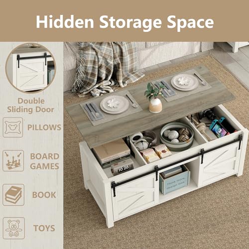 47.3'' White Rustic Brown Rectangular Lift Top Coffee Table with Storage E791755