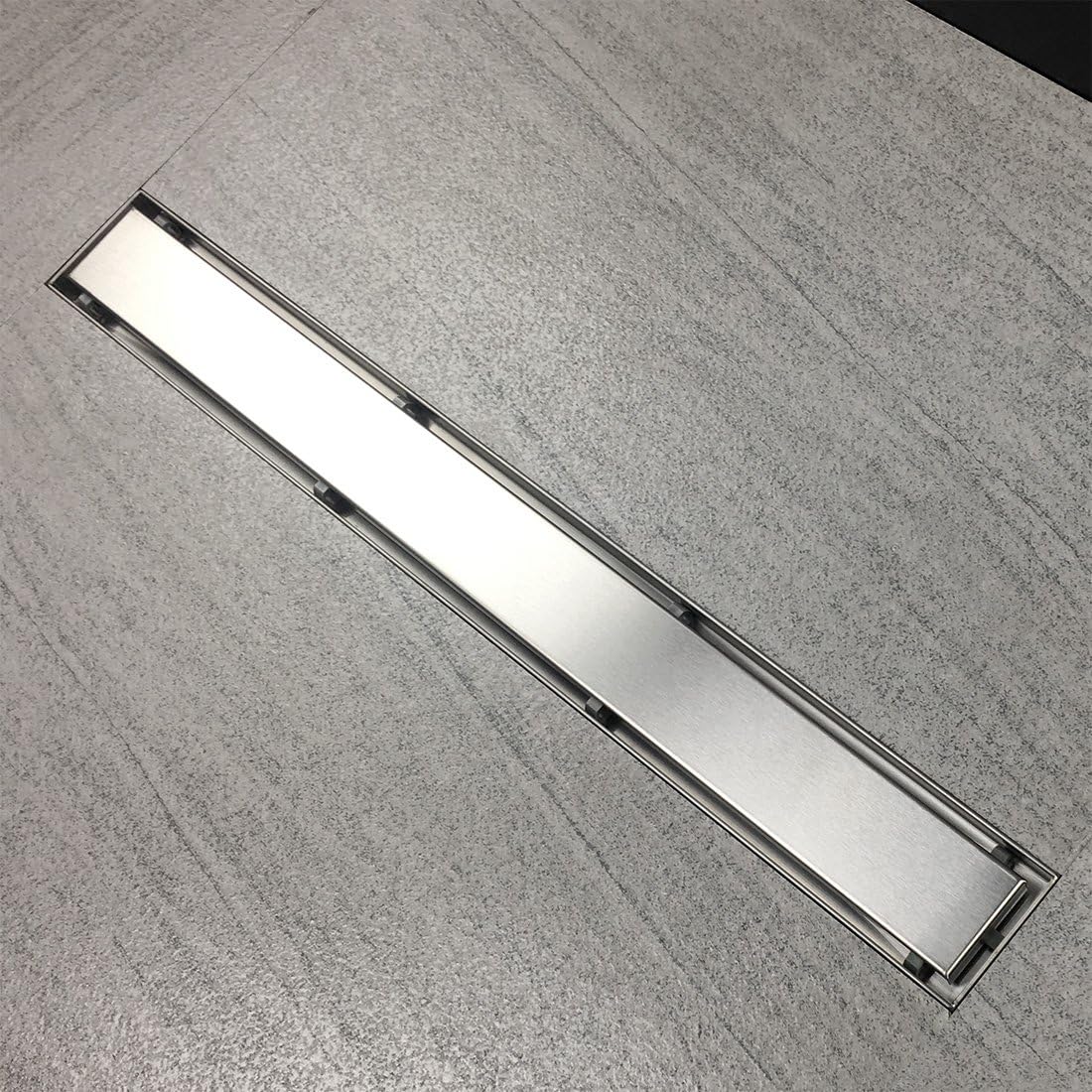 36-Inch Offset Linear Shower Drain with Tile Insert Grate Cover, Brushed 304 Stainless Steel Rectangle Side Outlet Shower Floor Drain N856