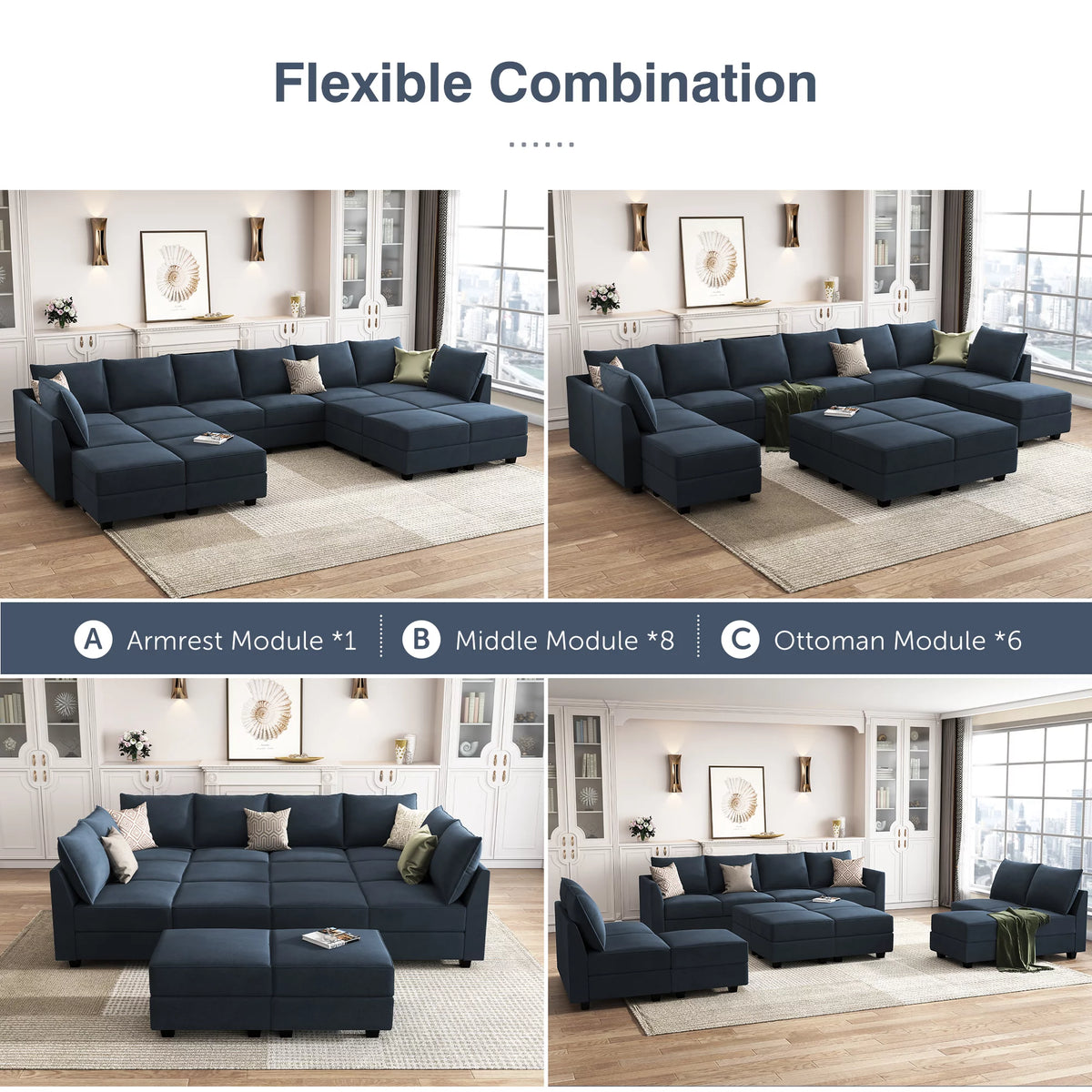 Navy Blue Velvet Modular Sleeper Sofa W52675