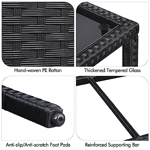 Black Wicker Storage Coffee Table with Tempered Glass Top U704