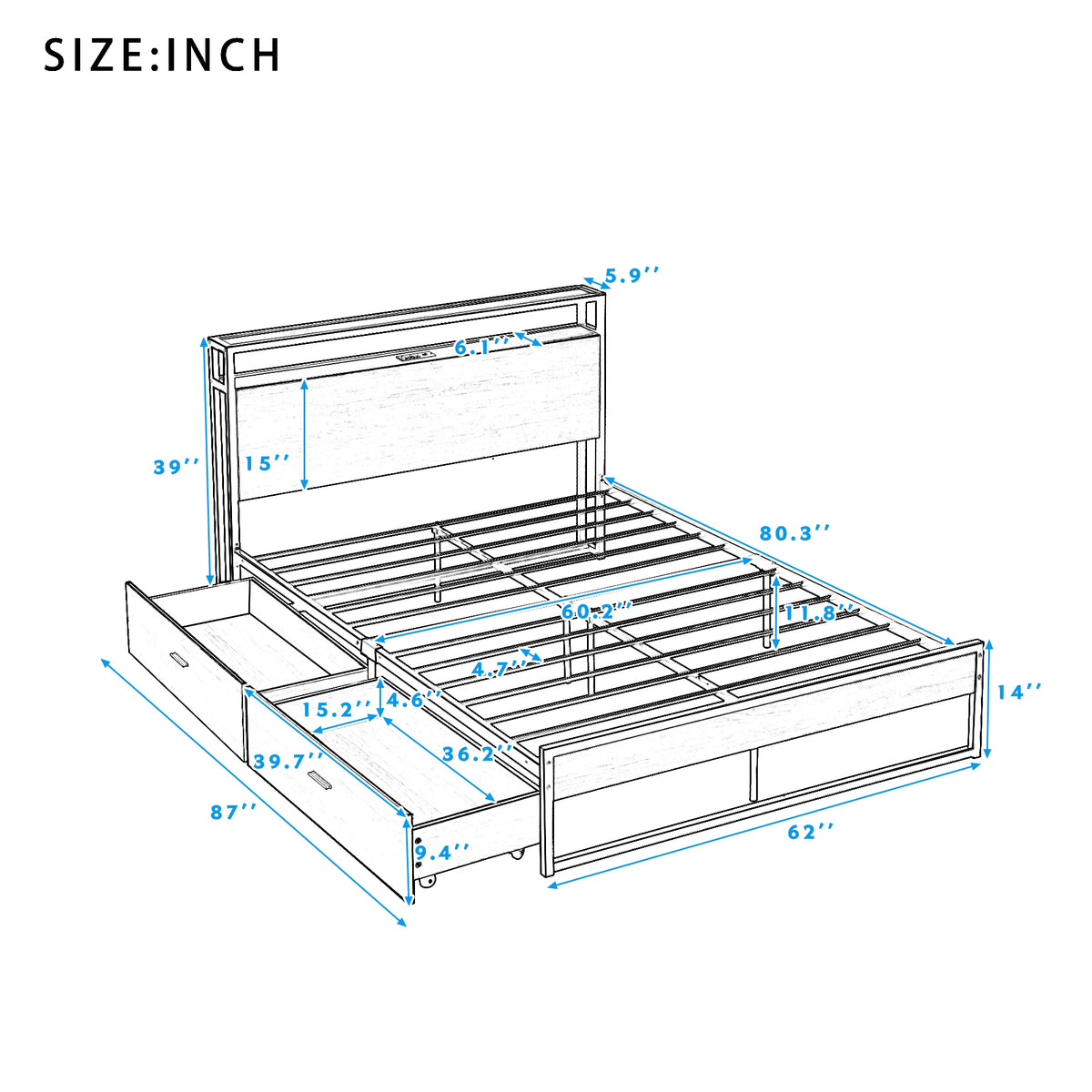 Black Queen Size Metal Platform Bed Frame with Wood Headboard and 2 Drawers Y309