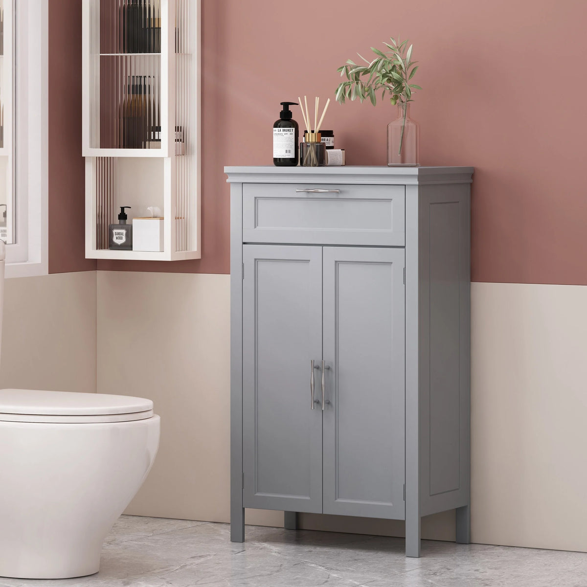 Grey Manufactured Wood 2 Door Floor Storage Cabinet with Drawer M290