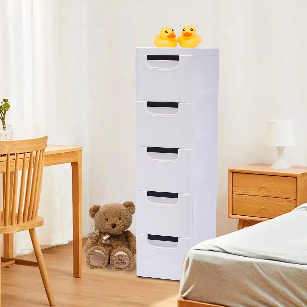 White Narrow Plastic 5 Drawer Dresser with Wheels W314513