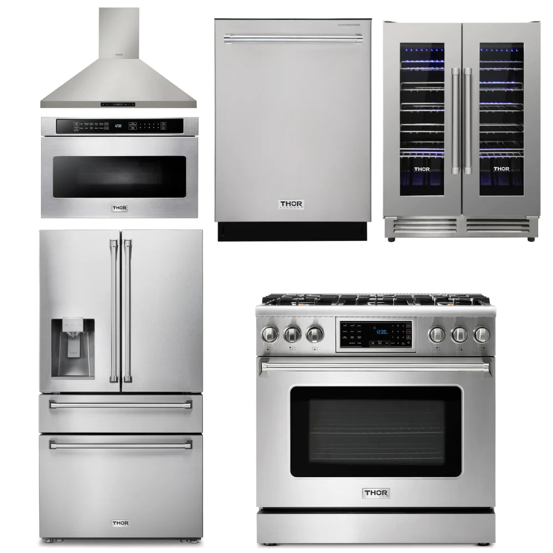 36 Gas Range, Range Hood, Microwave, Refrigerator with Water and Ice Dispenser, Dishwasher, Wine Cooler Z349